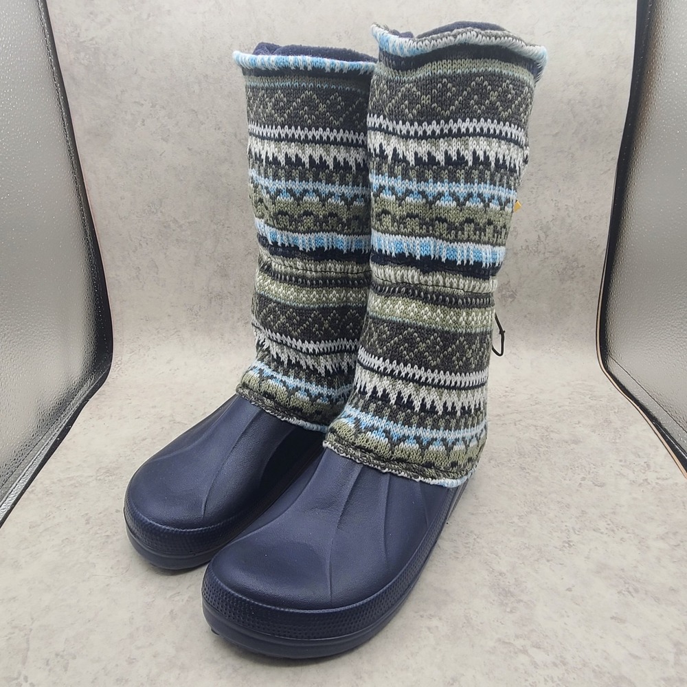MUK LUKS Women's Navy Knit Mid-Calf Pull On Rubber Shoe Puddle Boots Size 9